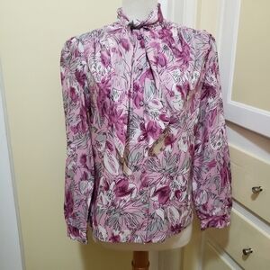 Vintage Tie Neck Blouse / Pink, Gray & White / Estimates Large